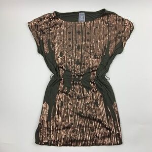 MGN Jeans Dress Womens Round Neck Cap Sleeves Green Sequins